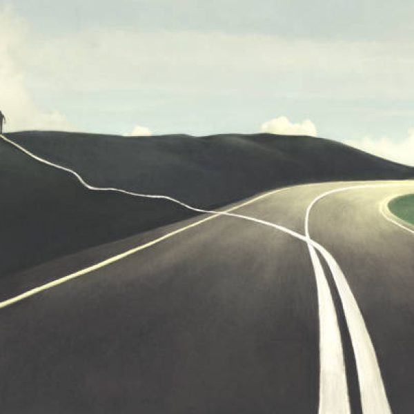 Illustration of man changing direction, surreal abstract choice concept